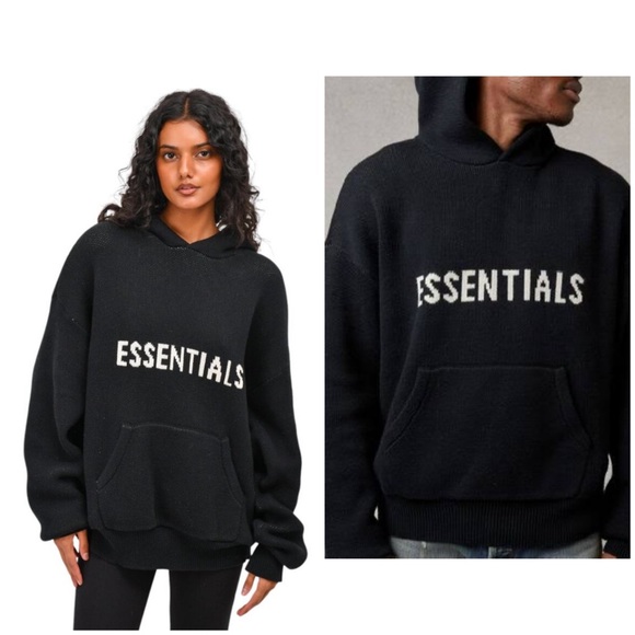 NWT Essentials AUTHENTIC Black KNITTED Hoodie Sweater - UNISEX - SMALL